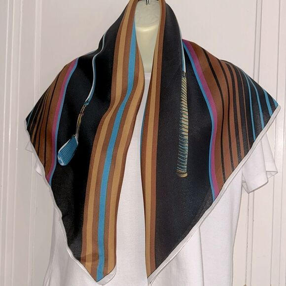 Vintage Valentina Fiori Multi Colored Striped Golf Club Themed Scarf - Picture 7 of 8